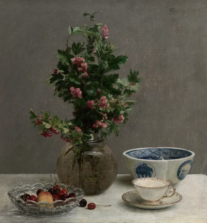 Still Life with Vase of Hawthorn, Bowl of Cherries, Japanese Bowl, and Cup and Saucer av Henri Fantin-Latour