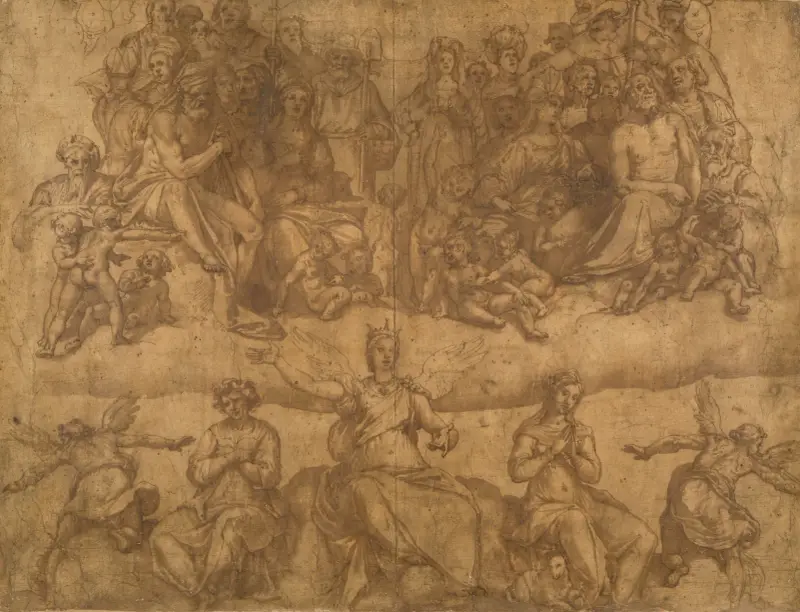 Återlösta själar och allegoriska figurer, studie till fresken Yttersta domen i kupolen i Duomo, Florens av Federico Zuccaro