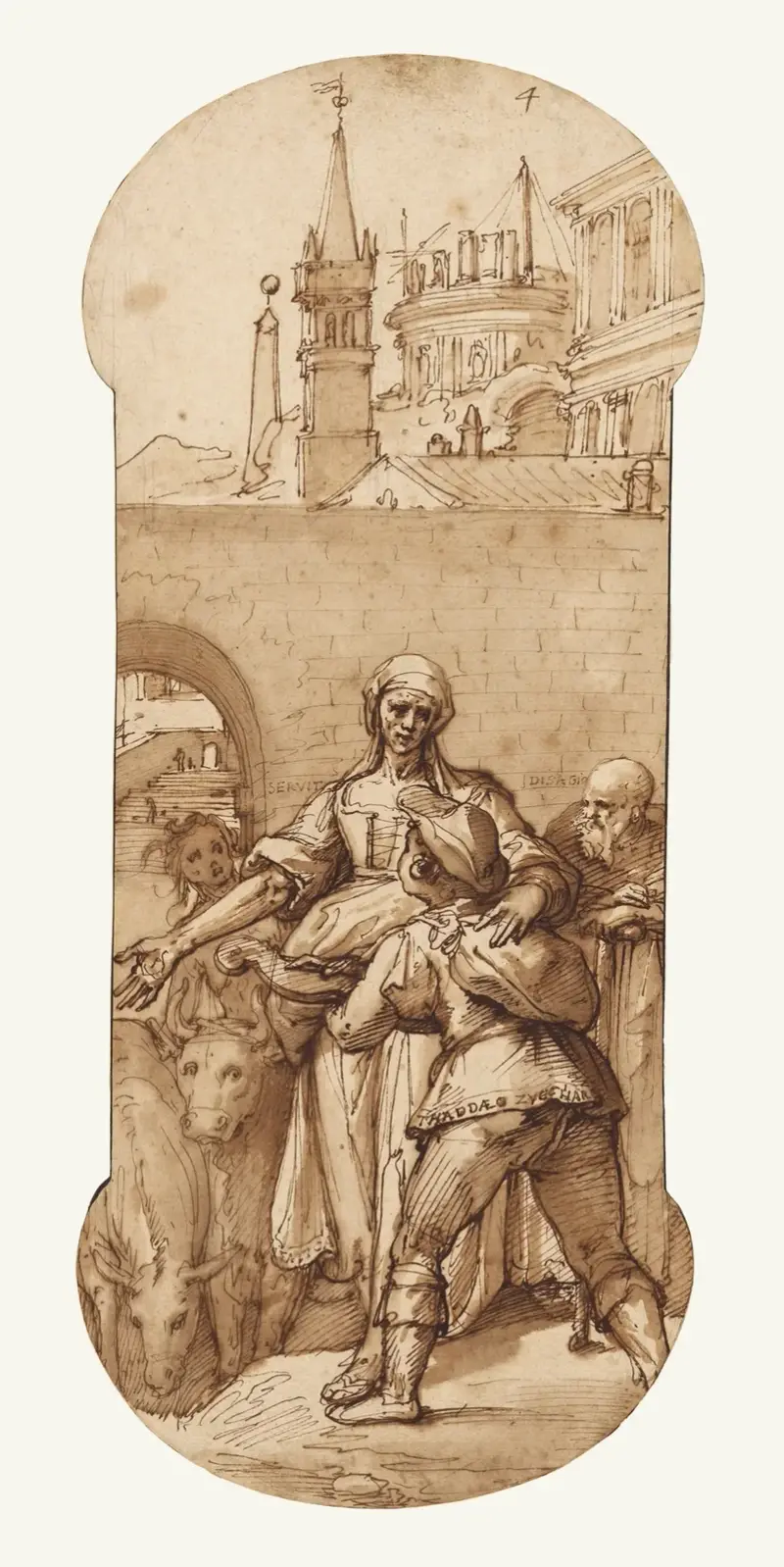 Taddeo at the Entrance to Rome Greeted by Toil, Servitude, and Hardship, and by Obedience and Patience (the Ass and Ox) av Federico Zuccaro