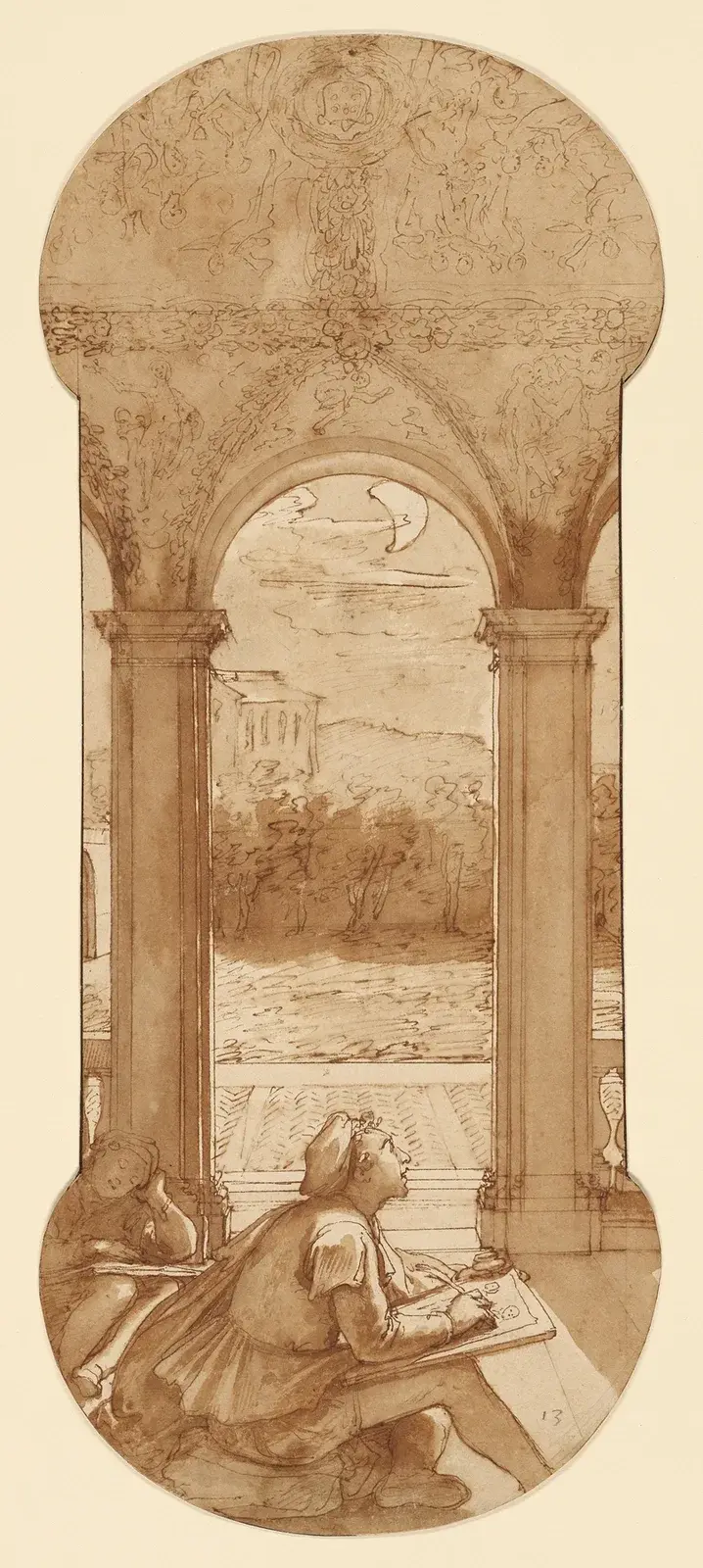 Taddeo Copying Raphael’s Frescoes in the Loggia of the Villa Farnesina, Where He is Also Represented Asleep av Federico Zuccaro