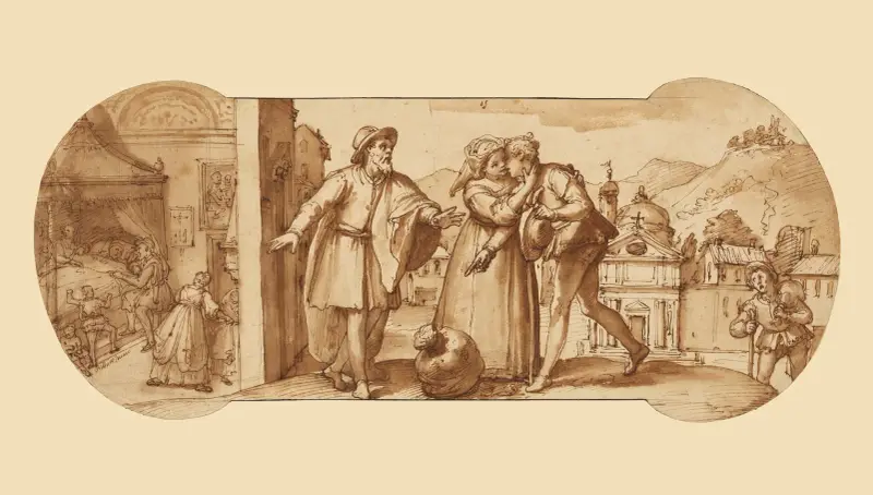 Taddeo Returning Home with the Sack of Stones and in Bed Recovering from His Fever av Federico Zuccaro