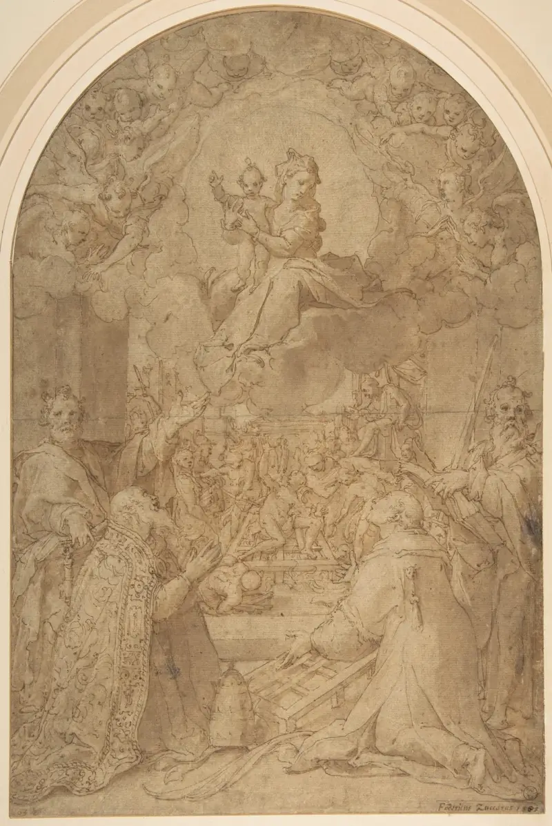 Jungfrun och barnet visar sig för heliga Petrus, Damasus, Laurentius och Paulus; martyriet av heliga Laurentius i bakgrunden av Federico Zuccaro