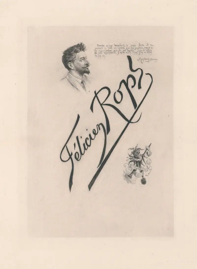 Autoportrait, devise empruntée à Montaigne, signature et sceau de Félicien Rops av Félicien Rops
