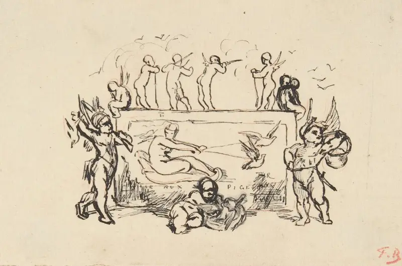 Putti grouped around a rectangular panel av Félicien Rops