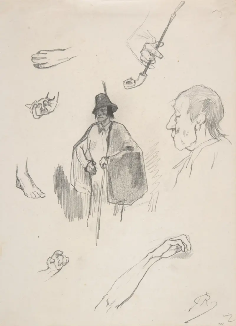 Blad med figurer, händer och fötter i detalj av Félicien Rops
