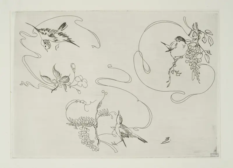 Dessertteller; drei Motive, jeweils aus einem Band, einer Blume und einem Vogel von Félix Bracquemond