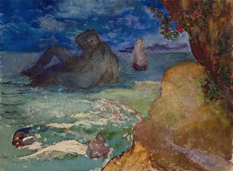 Omfamnande par i kustlandskap av Félix Bracquemond