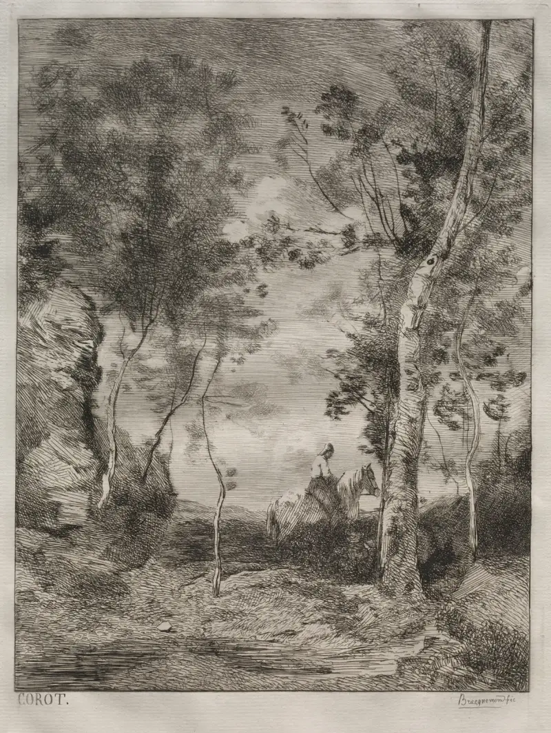 Landskap, eller Den vita hästen, efter Corot av Félix Bracquemond