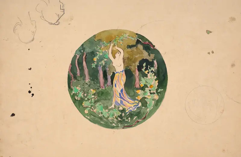 ‘Le Verger’, woman picking fruit in a landscape av Félix Bracquemond
