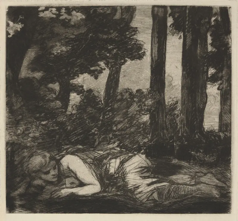 Nymf liggande vid en bäck av Félix Bracquemond