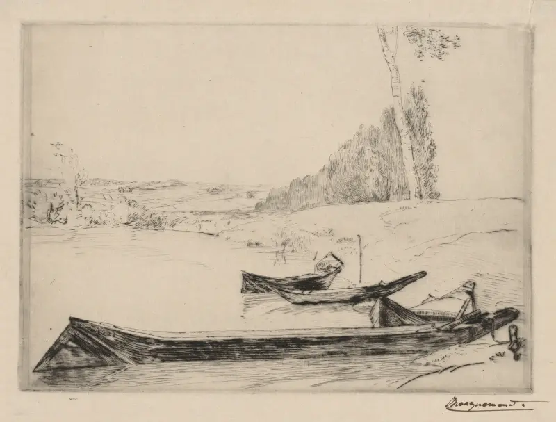 Small ferry-boats on the banks of the Seine av Félix Bracquemond