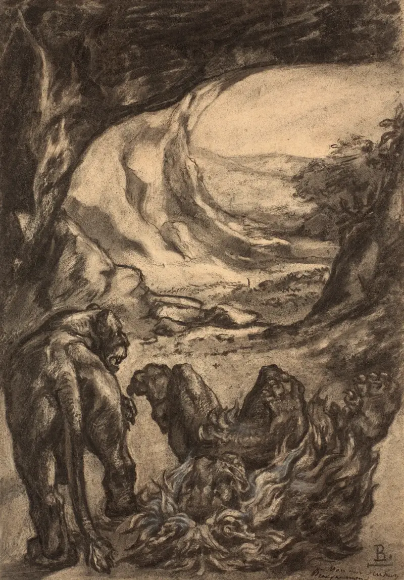 Två lejon i en grotta av Félix Bracquemond
