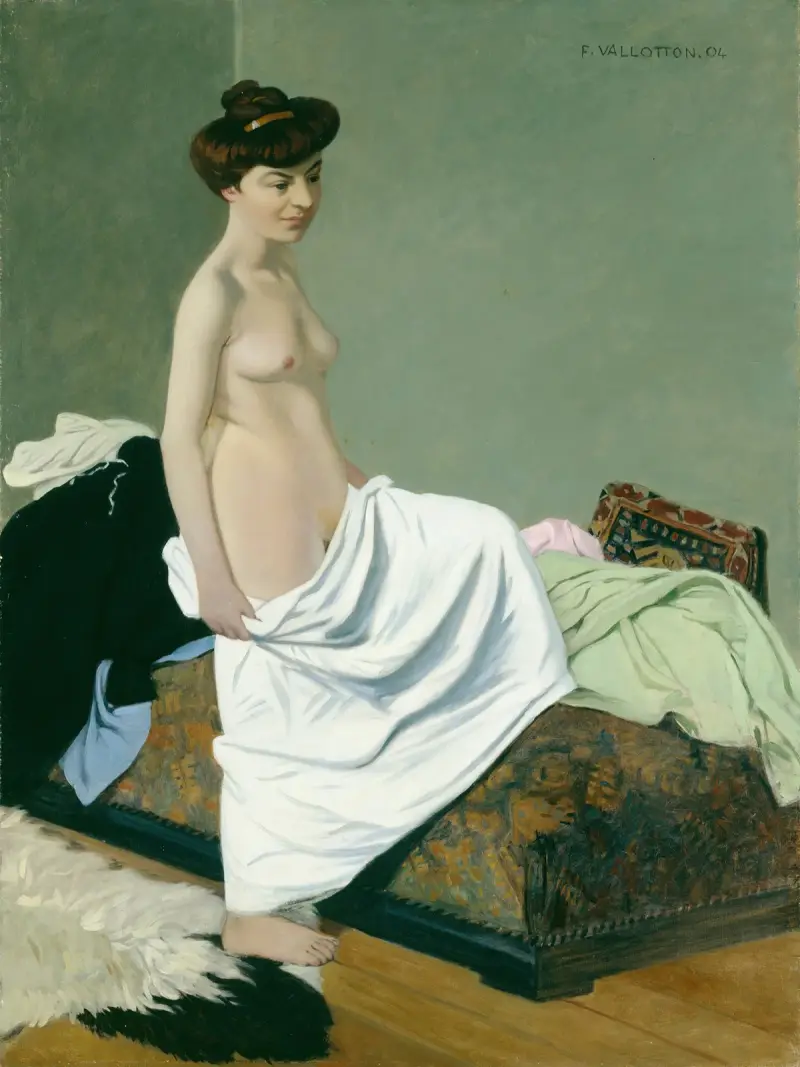 Stående naken kvinna med klänning på knät av Félix Vallotton