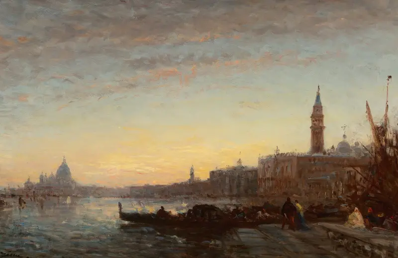 Gondoler vid Esclavons kaj, Venedig av Félix Ziem