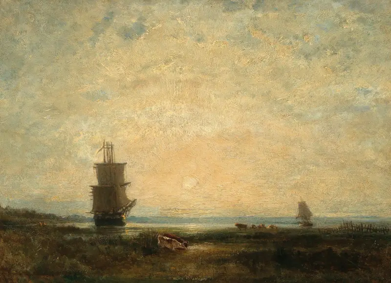 Segelfartyg (karaveller) i solnedgång, Holland av Félix Ziem