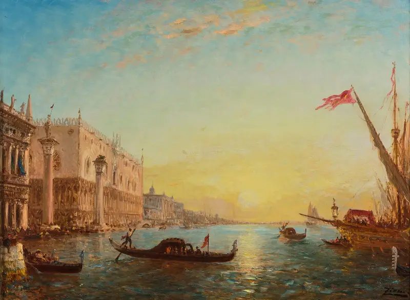 Soluppgång framför Piazzettan och Dogepalatset, Venedig av Félix Ziem