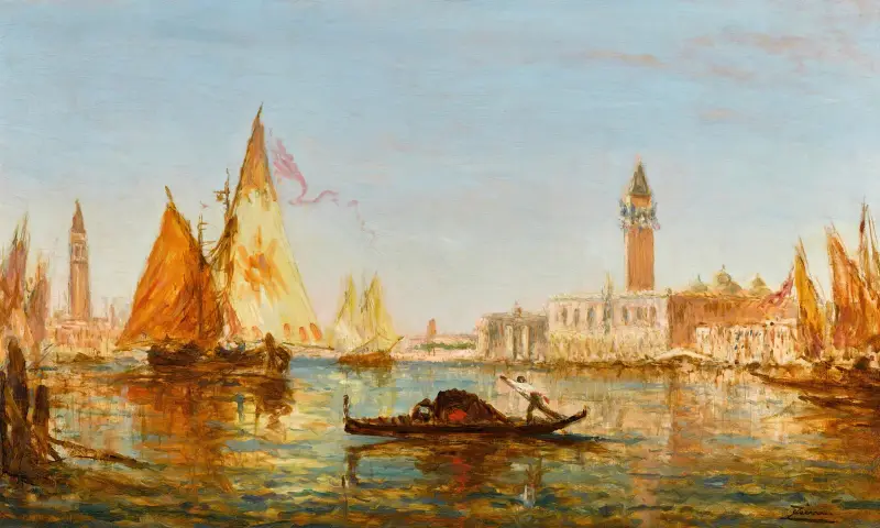 Venedig, gondol och segelbåtar framför Dogepalatset och San Giorgio Maggiore av Félix Ziem