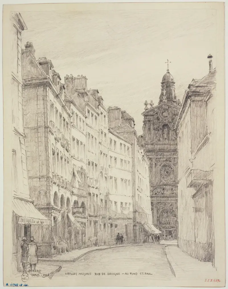 Rue de Sévigné, links die Rue d'Ormesson und im Hintergrund die Kirche Saint-Paul-Saint-Louis von Ferdinand Boberg