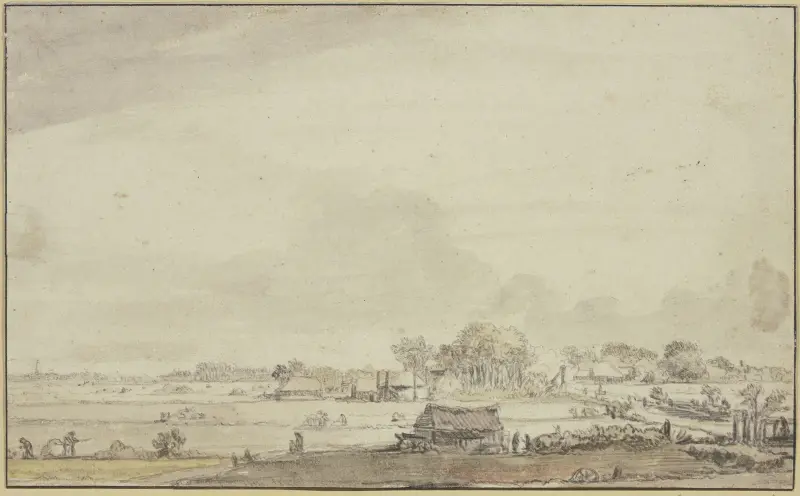 Landschaft mit zerstreuten Hütten, links sind Leute mit der Ernte beschäftigt av Ferdinand Bol