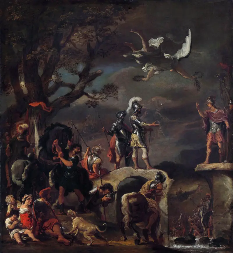 The Peace Negotiations between Claudius Civilis and Quintus Petillius Cerealis on the Demolished Bridge av Ferdinand Bol