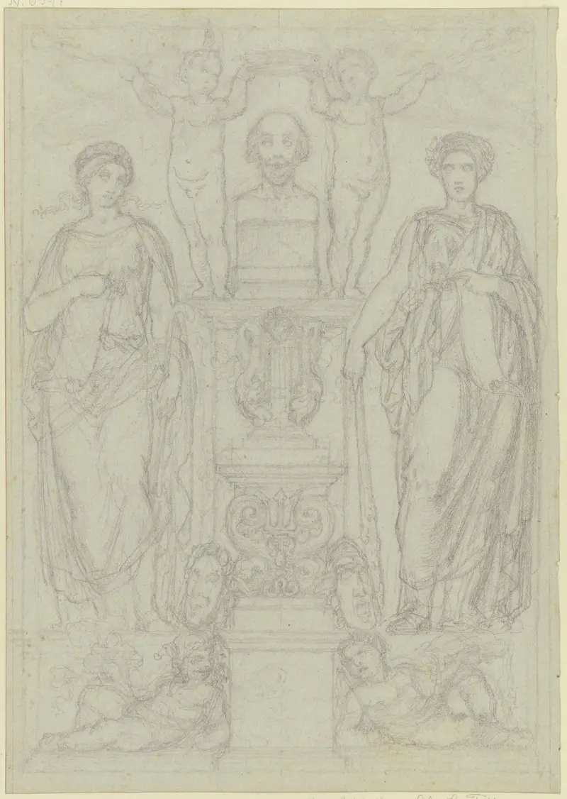 Büste Shakespeares, flankiert von Thalia und Melpomene av Ferdinand Fellner