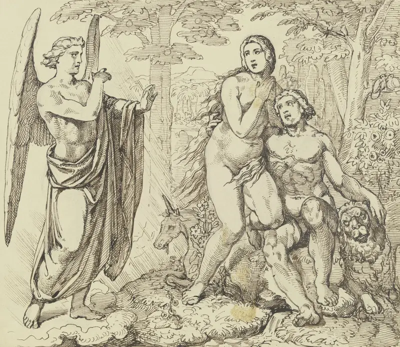 Ein Engel überbringt Adam und Eva Gottes Verbot, vom Baum der Erkenntnis des Guten und Bösen zu essen av Ferdinand Fellner