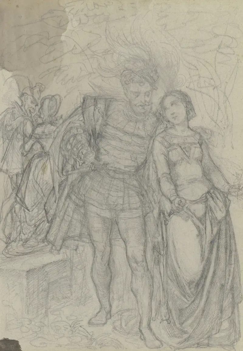 Faust och Gretchen, i bakgrunden Marthe och Mephisto av Ferdinand Fellner