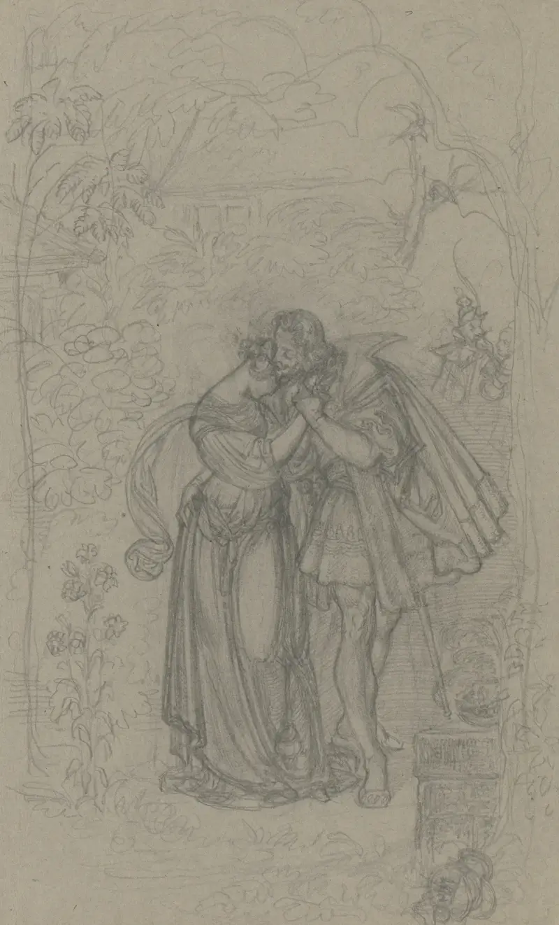 Faust och Gretchen, i bakgrunden Marthe och Mephisto av Ferdinand Fellner