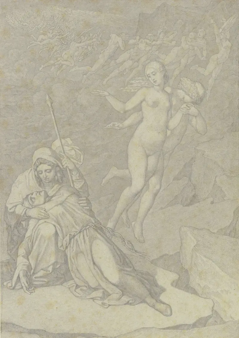 Francesca und Paolo, gemeinsam im zweiten Höllenkreis schwebend, links der klagende Dante, von Vergil getröstet av Ferdinand Fellner
