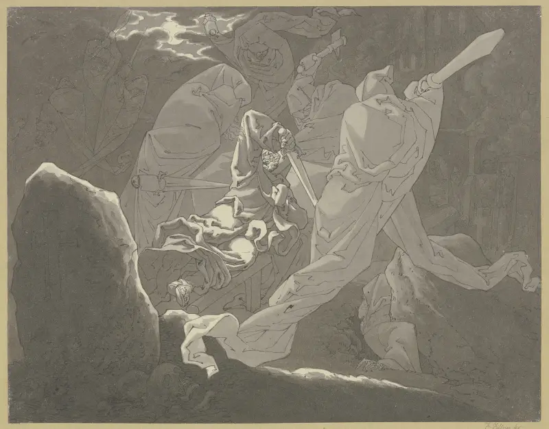 Hřbitovní scéna (rytíř na márách, duchové na něj útočí), Ferdinand Fellner