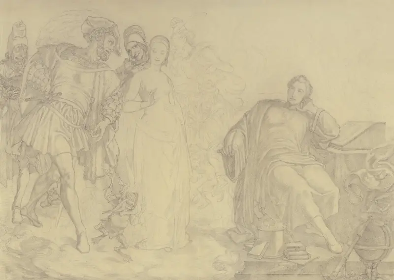 Goethe vid skrivpulten, föreställande sig figurerna i sin Faust av Ferdinand Fellner