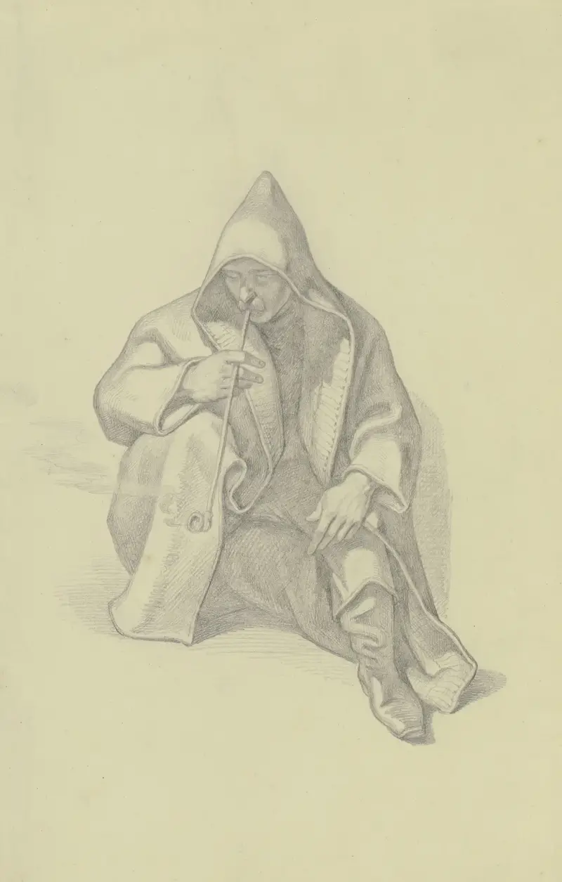 Sitzender Raucher mit Kapuzenmantel von Ferdinand Fellner