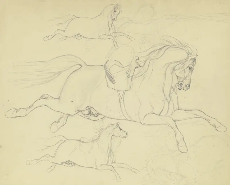 Studieblad; Tre hästar i sträckt galopp åt höger, en med sadel och antydd ryttare av Ferdinand Fellner