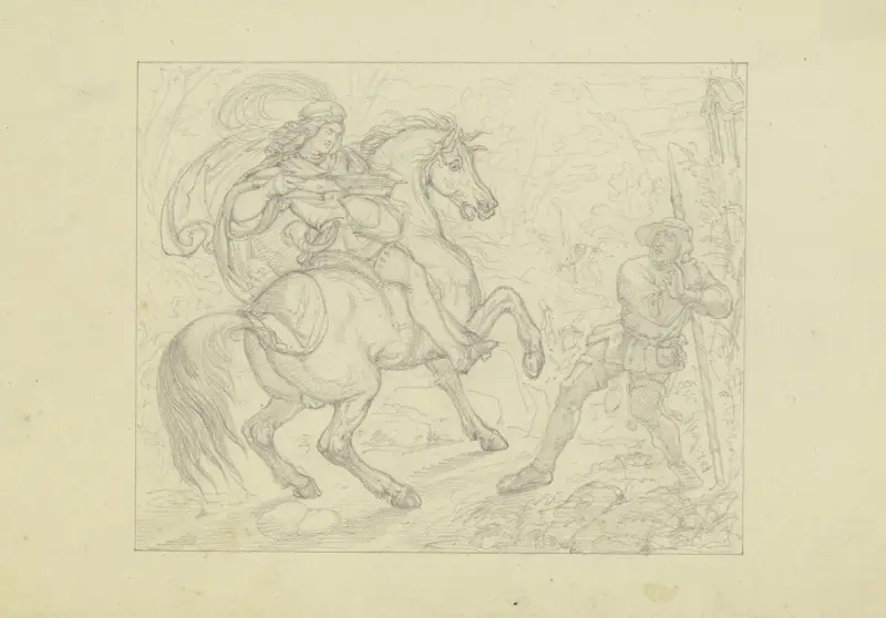 Ungedeutete Szene; Ein Ritter, einen mit einem Spieß bewaffneten Bauern an einem Bildstock mit der Armbrust bedrohend. av Ferdinand Fellner
