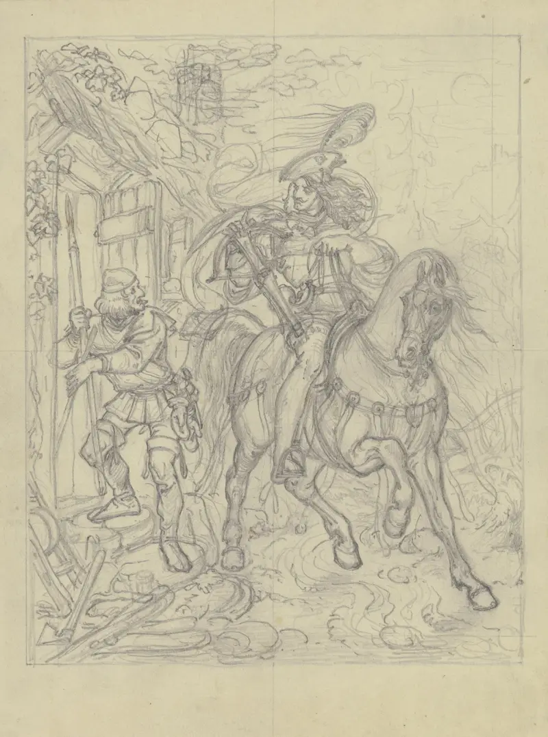 Ungedeutete Szene; Ein Ritter mit Armbrust an einer Hütte haltend, ein Knappe betritt diese. av Ferdinand Fellner
