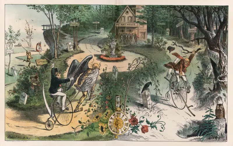 Höhen und Tiefen des Lebens – Pucks Verbesserung von Coles „Lebensreise“ von Joseph Ferdinand Keppler