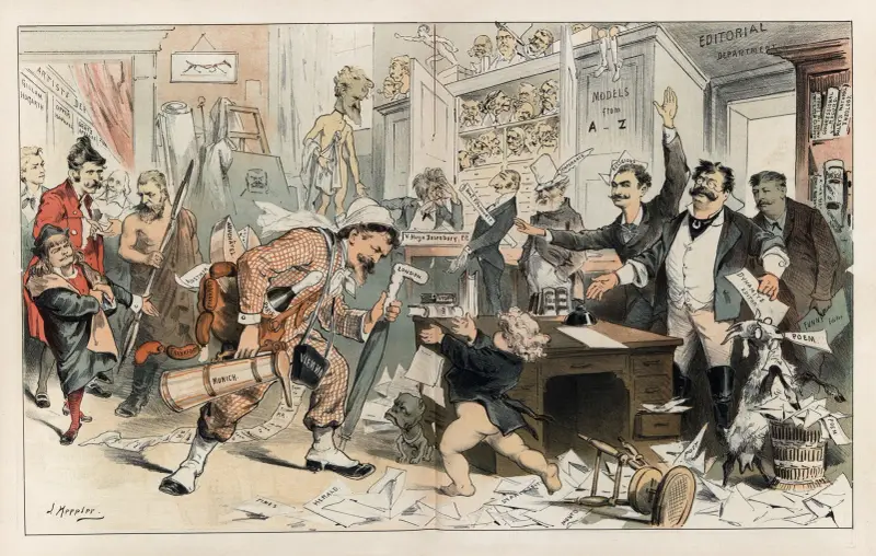 The return of the ‘prodigal father’ at the ‘Puck’ office – drawn by himself av Joseph Ferdinand Keppler