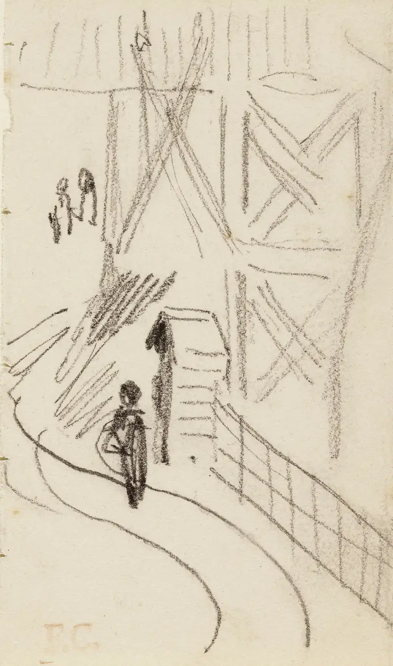 Guérite au bord d’une rue devant une tour avec un personnage en faction av Fernand Cormon