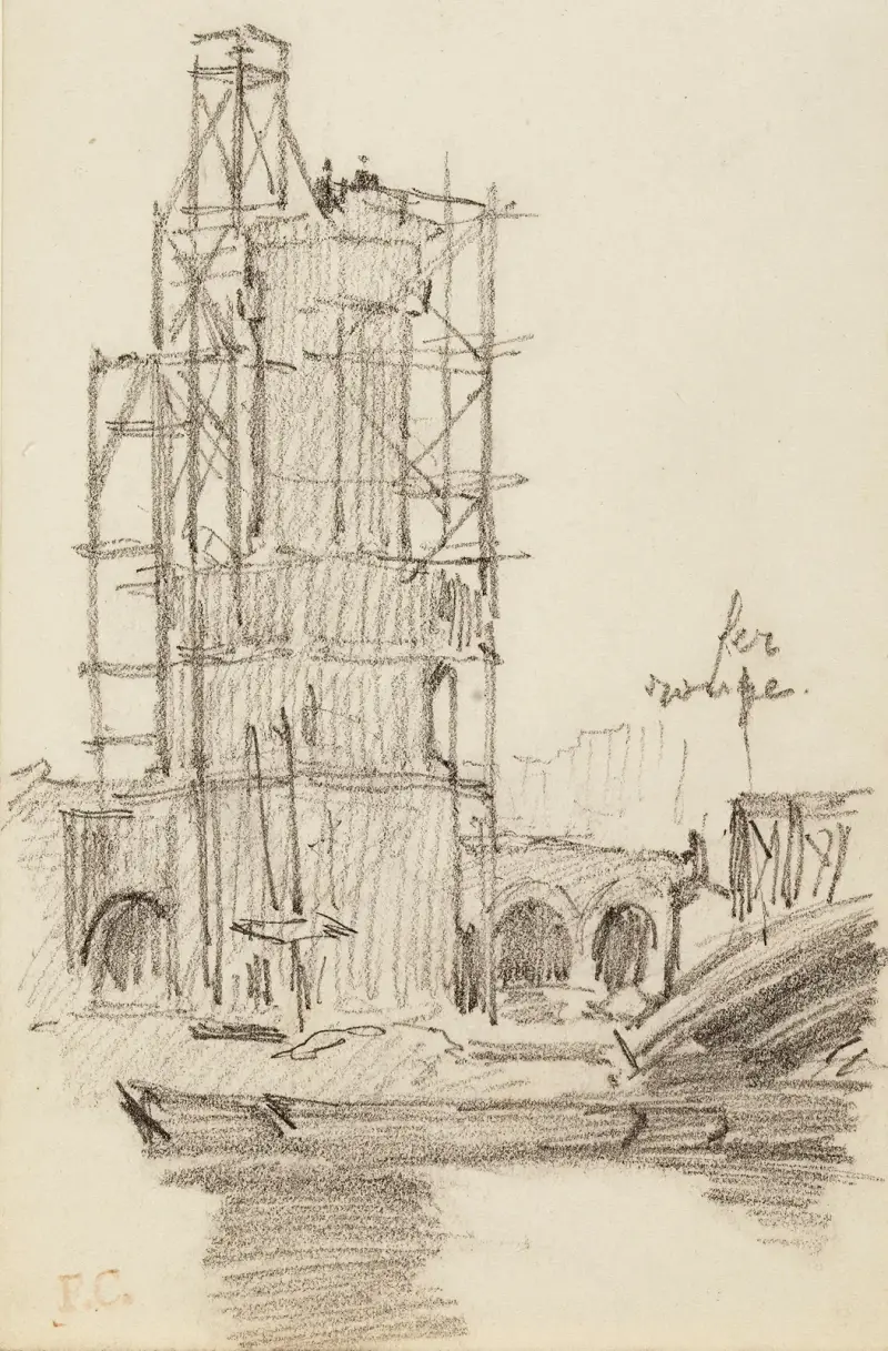 Tour en construction au bord d’un fleuve av Fernand Cormon