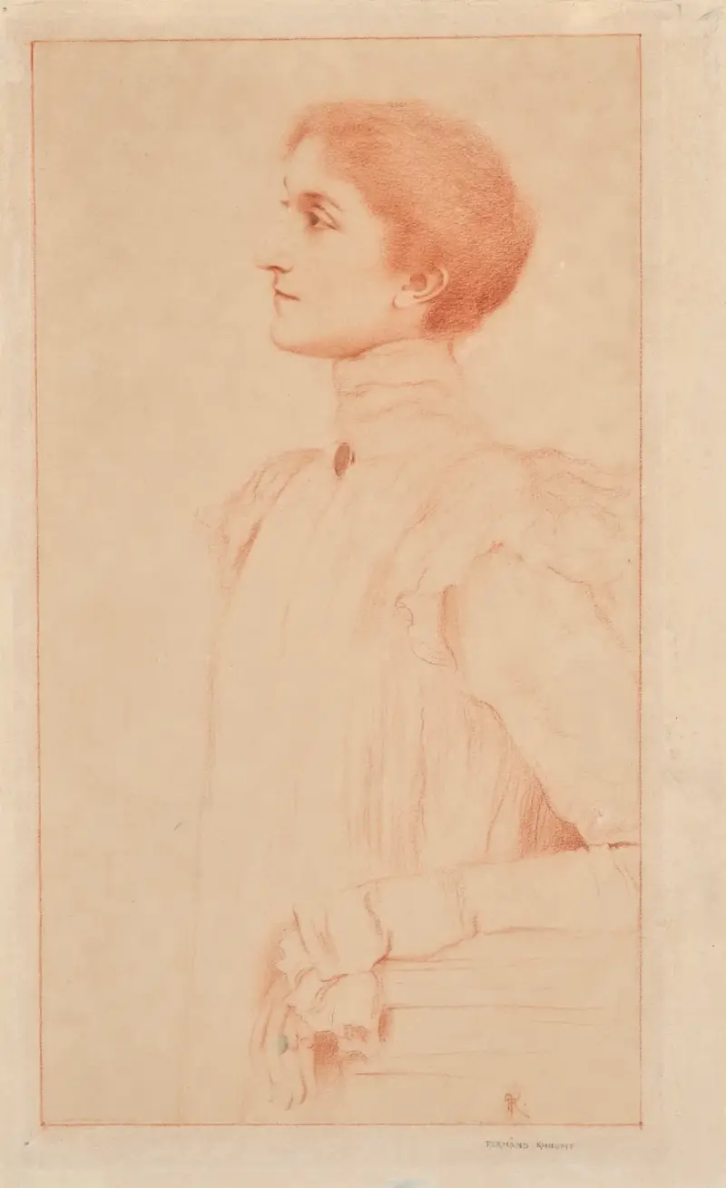 Porträtt av Marie Verdussen i byst, i profil av Fernand Khnopff