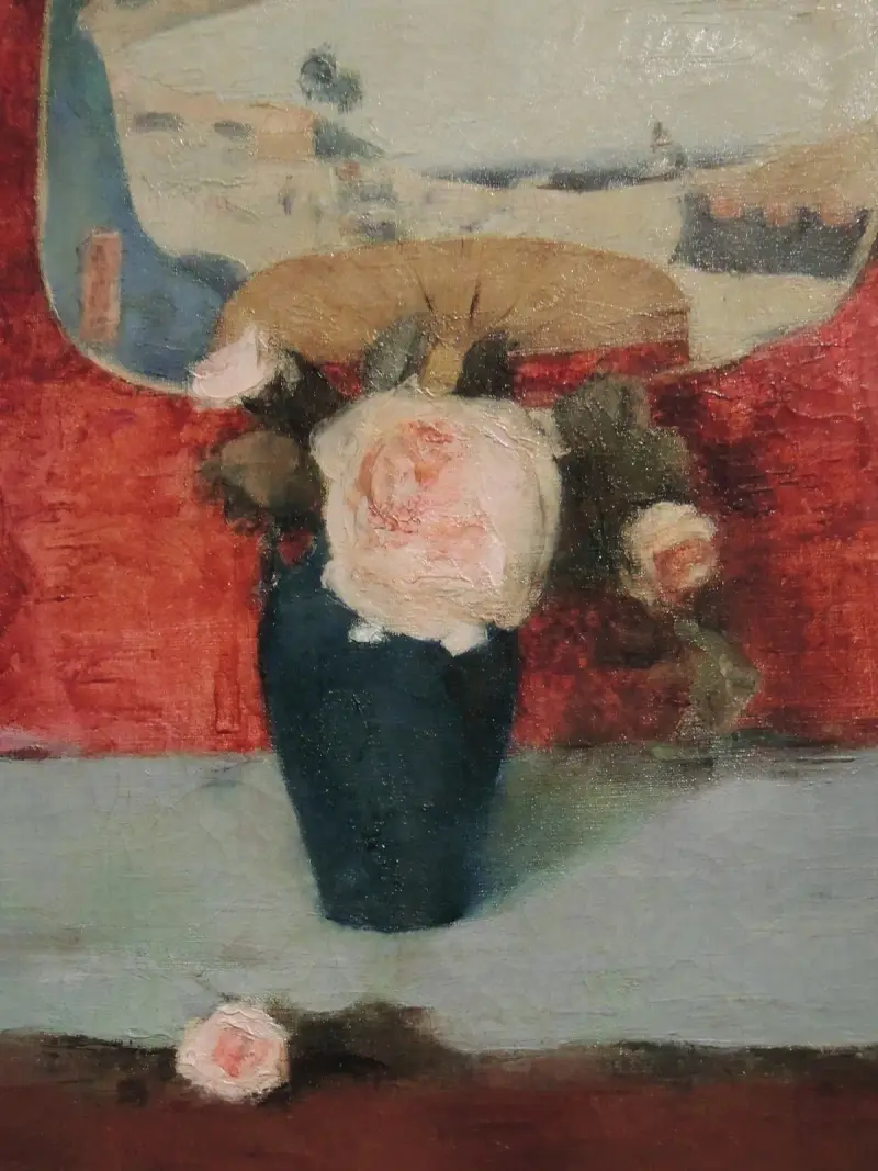 Roses et éventail japonais, huile sur toile av Fernand Khnopff