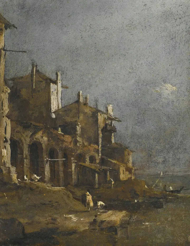 Kapris med kustlandskap och figurer på stranden under en arkad av Francesco Guardi