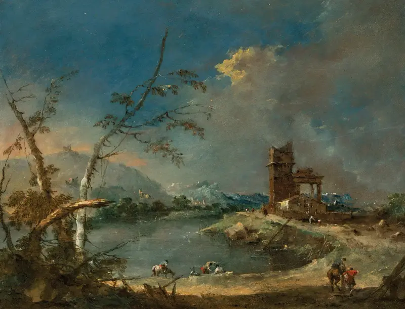 Ett capriccio med ett lantligt torn vid en sjö av Francesco Guardi