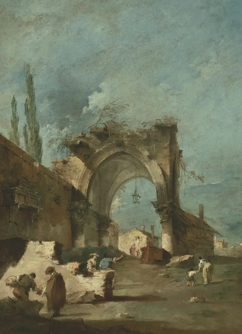 Capriccio med byggnader och figurer vid en raserad valvbåge av Francesco Guardi