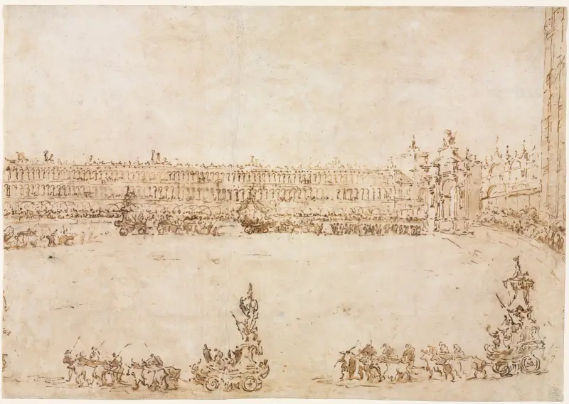 Ett tåg av triumfvagnar på Markusplatsen i Venedig, till firande av besöket av grevarna av Norden av Francesco Guardi