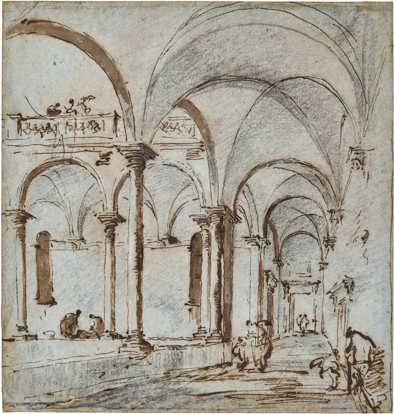En välvd gård med figurer av Francesco Guardi