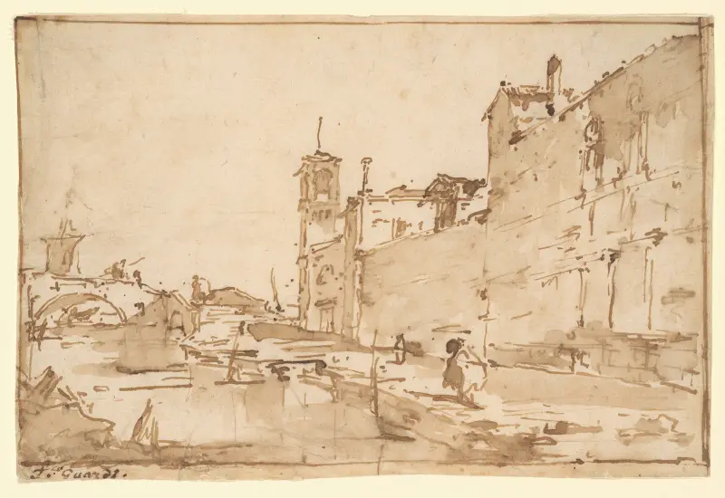 En venetiansk capriccio; en kanal som leder till en bro av Francesco Guardi