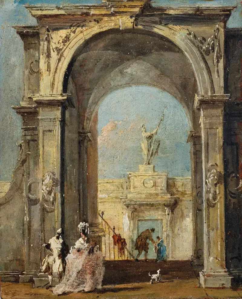 Arkitektonisk capriccio med elegant klädda figurer och en hund vid entrén till ett palats av Francesco Guardi