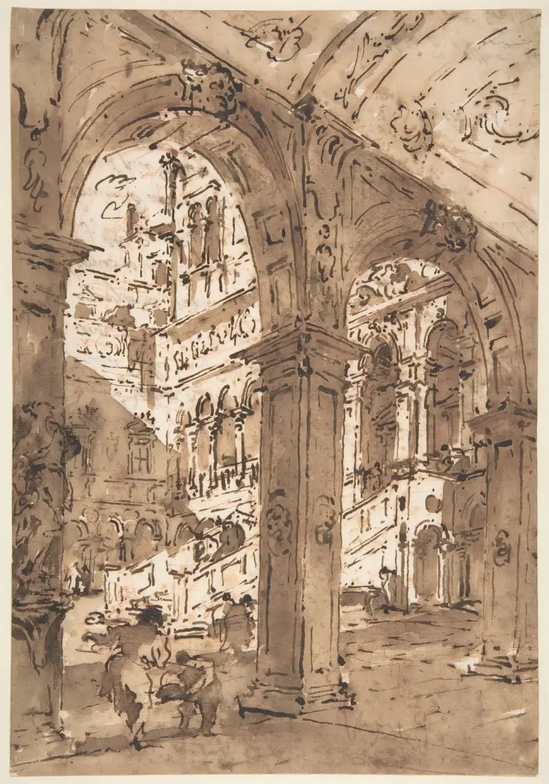 Arkitektonisk capriccio; Palatsgård av Francesco Guardi