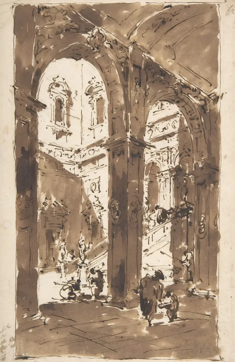 Arkitektonisk capriccio; Palatsgård av Francesco Guardi